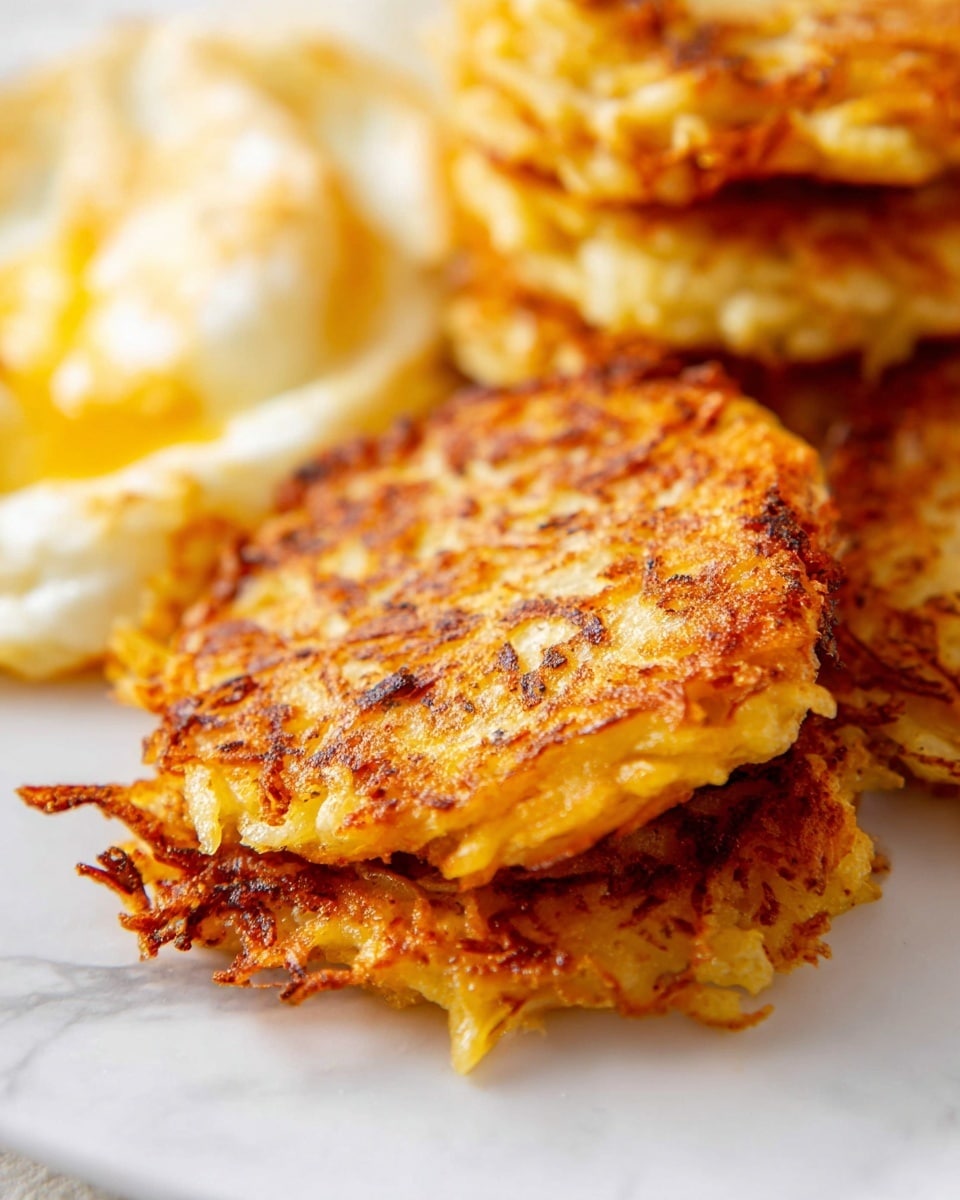 A close-up view of several golden brown, crispy potato pancakes stacked slightly on top of each other, showing their crunchy, textured edges and soft, shredded potato interiors. Behind the pancakes, a lightly cooked, pale yellow egg with a soft texture is visible. All items rest on a white plate with a white marbled background, highlighting the warm, inviting colors of the food. Photo taken with an iphone --ar 4:5 --v 7