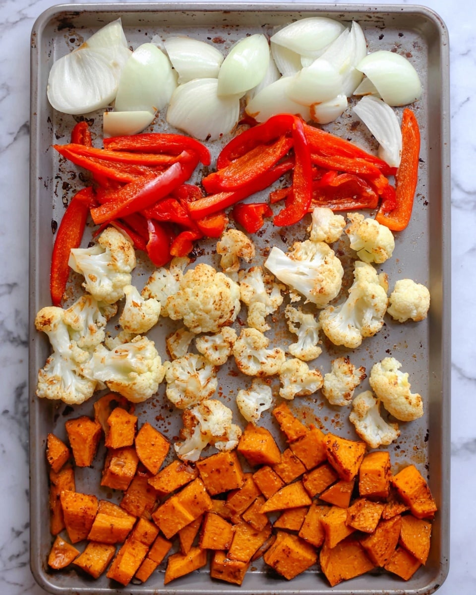 The image shows a baking tray filled with three types of roasted vegetables laid out in layers. At the top, there are large chunks of white onion with a smooth texture, next to bright red strips of roasted bell pepper that have a slightly wrinkled appearance. Below them, there are many pieces of light golden brown roasted cauliflower with some charred spots, giving them a textured look. At the bottom, a layer of unevenly shaped orange sweet potato chunks is spread out, showing a roasted, soft surface with some browning. The baking tray is light gray and has some roasted bits stuck to it, all set against a white marbled surface. Photo taken with an iphone --ar 4:5 --v 7