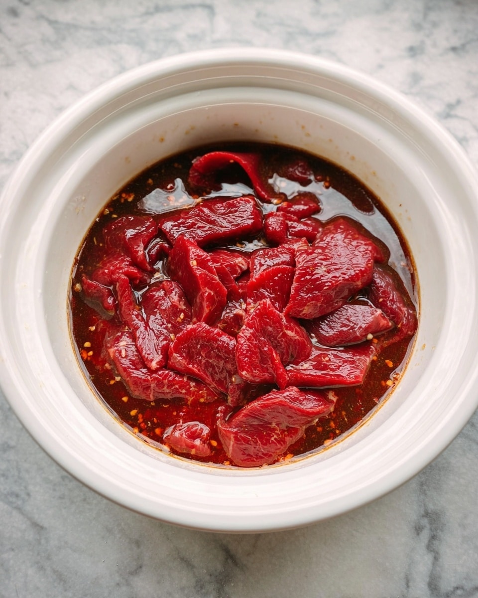 Inside a white bowl, slices of raw deep red meat are partially covered with a dark brown sauce. The meat pieces have a shiny, wet texture and some edges curl slightly. The sauce surrounds the meat, creating a glossy layer with small bits floating in it. The bowl sits on a white marbled surface. photo taken with an iphone --ar 4:5 --v 7