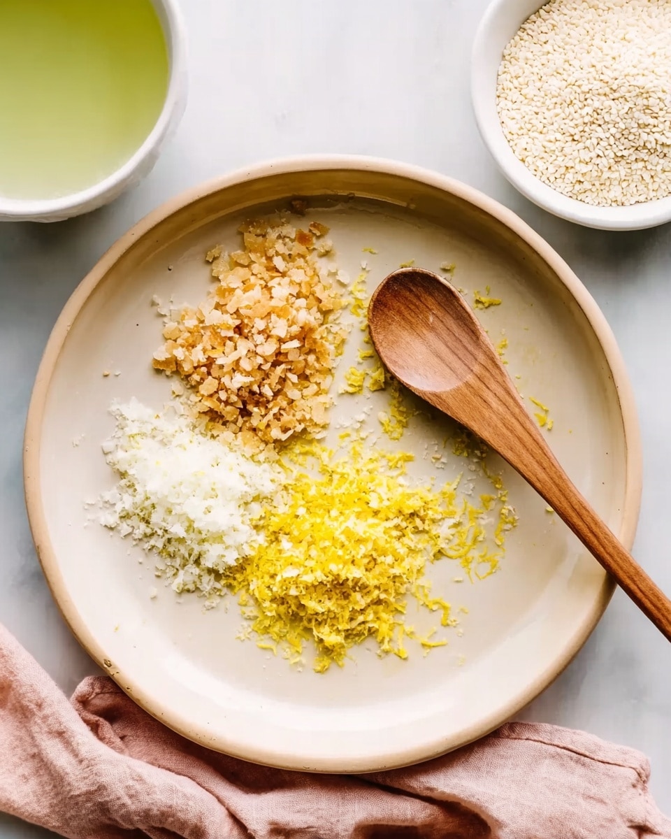 A white round pan holds three small piles of finely chopped ingredients, with a wooden spoon resting on the right side inside the pan. The ingredients from left to right include light brown chopped pieces, bright yellow grated zest, and white finely minced bits, all arranged in separate small piles close to the center. The pan is placed on a white marbled surface, with a pale pink cloth slightly tucked under its bottom left edge. In the top right corner, a small round white bowl is filled with short white grains. In the top left corner appears the edge of a white bowl filled with a light green liquid. Photo taken with an iphone --ar 4:5 --v 7