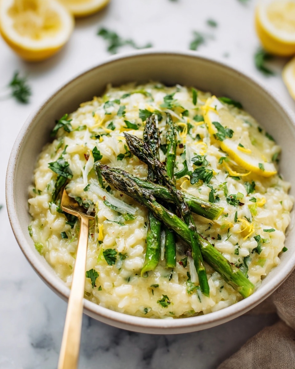 A bowl filled with creamy risotto, showing a soft, pale yellow layer mixed with small grains of rice throughout. On top, there are several green asparagus pieces layered diagonally, slightly charred for texture. Scattered fresh green parsley leaves and finely chopped herbs add color contrast on the risotto's surface. Thin lemon zest shavings and a couple of lemon slices are placed towards the edge inside the bowl. A gold fork is resting inside the bowl, adding a touch of elegance. The bowl sits on a white marbled surface, softly blurred lemon slices and greenery in the background. Photo taken with an iphone --ar 4:5 --v 7
