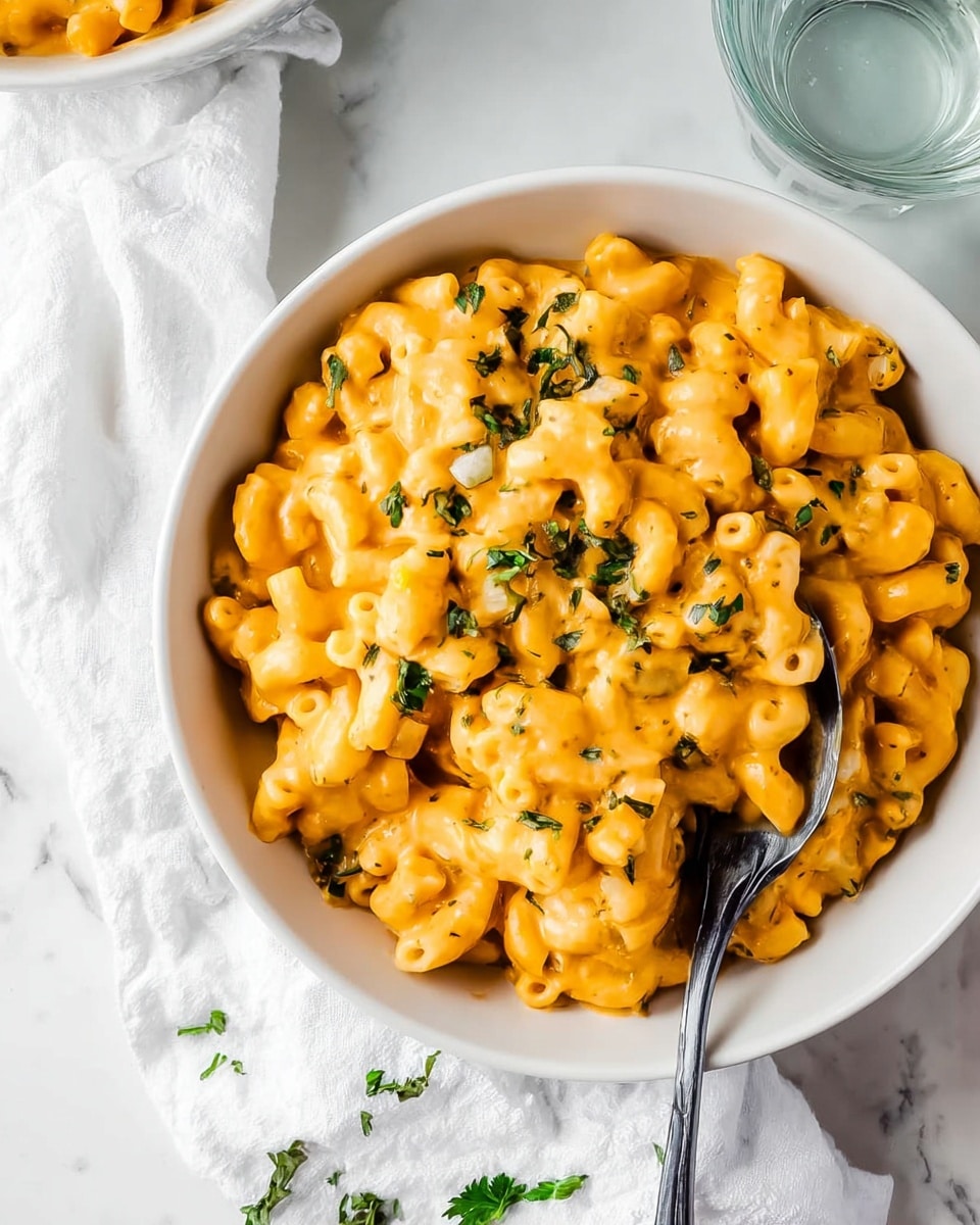 A white bowl filled with creamy macaroni and cheese covered in a rich orange-yellow sauce with small bits of green herbs scattered on top and mixed in. The pasta is elbow-shaped and the sauce looks thick and smooth, coating each piece well. There is a silver fork resting inside the bowl on the right side. The bowl is placed on a white cloth with a few green herb pieces around it. The background shows a white marbled surface, and a clear glass of water is partially visible at the top right. photo taken with an iphone --ar 4:5 --v 7