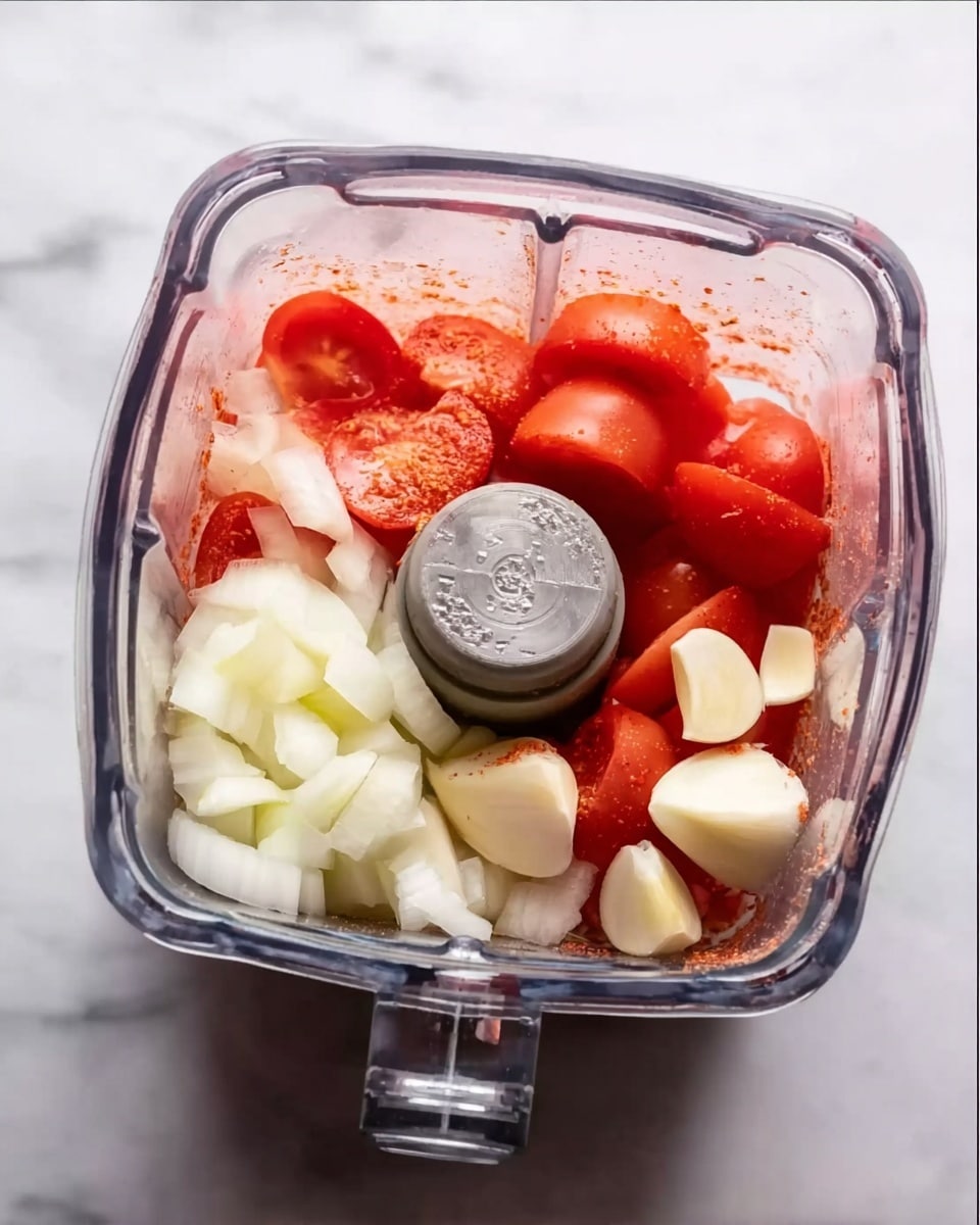 The image shows a clear blender container placed on a white marbled surface, filled about halfway with various raw vegetables ready to be blended. The bottom layer consists of roughly chopped white onions, showing their natural pale yellow and white texture. Above the onions, there are several red tomatoes, some whole and some sliced in halves, adding bright red color and a soft, smooth texture. A few pieces of garlic cloves are also visible among the onions near the bottom right corner, adding a creamy white touch. The blender blade sits in the center, surrounded by the vegetables, reflecting light and appearing clean and sharp. The overall look is fresh and colorful, suggesting ingredients prepared for a sauce or soup base. photo taken with an iphone --ar 4:5 --v 7