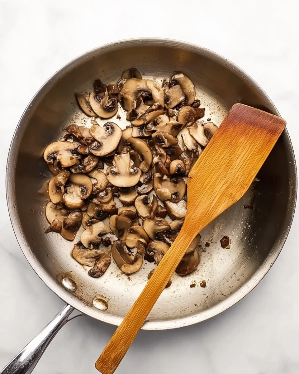 A silver frying pan filled with cooked sliced mushrooms is placed on a white marbled surface. The mushrooms are light to dark brown, showing a soft, slightly shiny texture, and are spread mostly in the center with some pieces scattered around. A wooden spatula with a smooth texture is resting inside the pan, held at the right side, its flat end touching the mushrooms, with the handle pointing toward the bottom right corner. The pan handle extends out of frame to the left. The lighting is bright and even, highlighting the natural colors and textures of the mushrooms and pan. Photo taken with an iphone --ar 4:5 --v 7