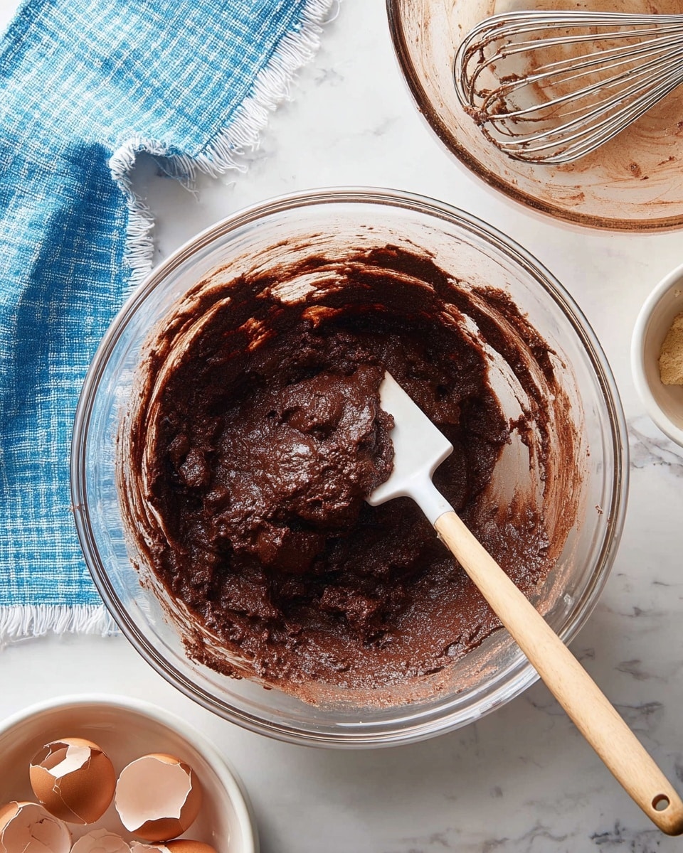 A large clear glass bowl sits in the center filled with thick, dark brown chocolate batter with small chunks visible, mixed evenly with a white spatula with a wooden handle resting inside the bowl. To the upper right, an empty clear glass bowl with chocolate residue and a metal whisk with bits of batter is seen. At the bottom left, there is a white bowl holding broken brown eggshells. A blue cloth with a checkered pattern and frayed edges lies to the top left on a white marbled surface. Photo taken with an iphone --ar 4:5 --v 7