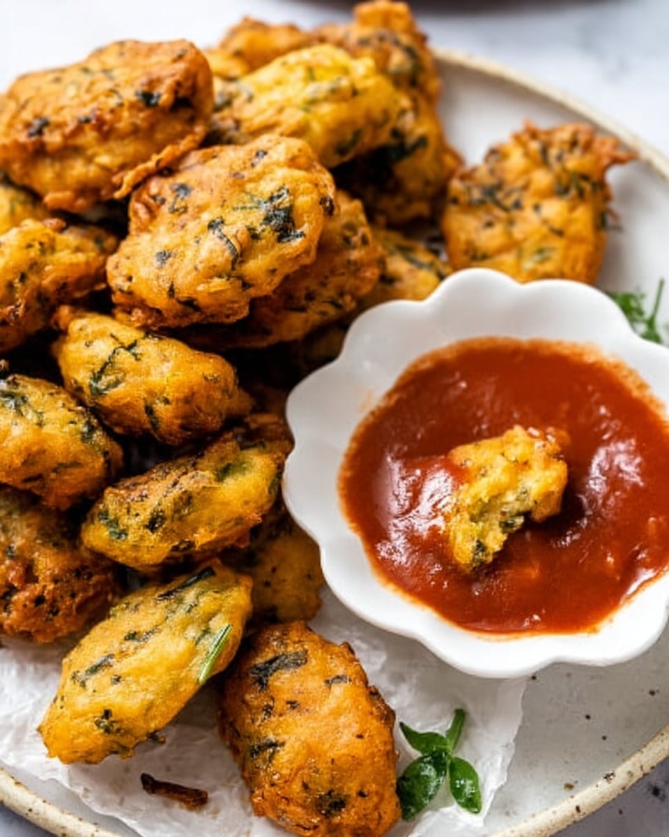 The image shows small, golden-brown fritters with flecks of green herbs mixed inside, arranged on a large white plate with a slightly rustic look. The fritters have a crispy, uneven surface texture and are stacked in a loose pile around a white, scalloped bowl filled with smooth, deep red sauce. One fritter is partially dipped into the sauce, showing its slight softness on the inside. Small green herb pieces are scattered around the plate, adding a fresh touch. The plate sits on a white marbled surface. Photo taken with an iphone --ar 4:5 --v 7