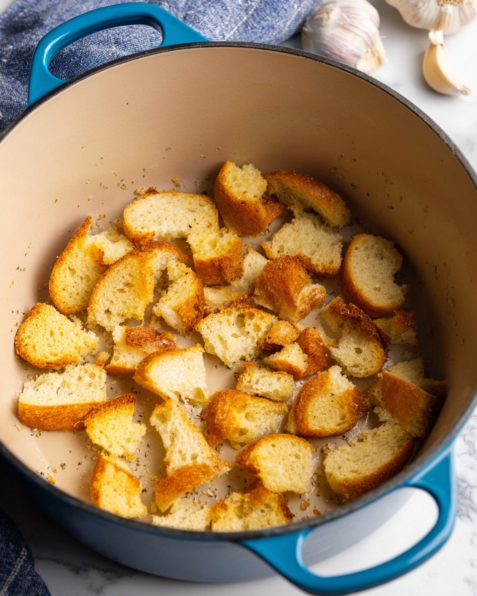 Inside a large blue pot with a beige inner surface, there are many small pieces of toasted bread scattered across the bottom. The bread pieces vary in size and shape, displaying golden yellow and light brown toasted colors with a slightly rough texture. The pot's edge and handle are visible, resting on a white marbled surface partially covered by a blue and white cloth and some garlic bulbs in the background. photo taken with an iphone --ar 4:5 --v 7