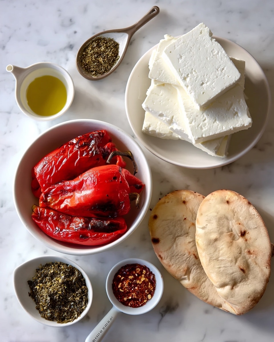 On a white marbled surface, there are several white bowls and small dishes arranged with different ingredients. In a medium white bowl in the center, there are three large peeled red roasted peppers, showing some charred spots. Below and to the left, a white bowl holds thick white blocks of cheese with a soft texture in two layers stacked unevenly. Next to it, a white measuring cup contains a creamy white yogurt or similar dairy product, filling almost to the top. Towards the top left, two small white dishes hold a golden yellow oil and a green-grey herb mixture. On the far right, two pieces of lightly toasted white pita bread rest on the surface. White garlic cloves and a white spoon with red pepper flakes complete the arrangement, all placed carefully around the center bowls. Photo taken with an iphone --ar 4:5 --v 7
