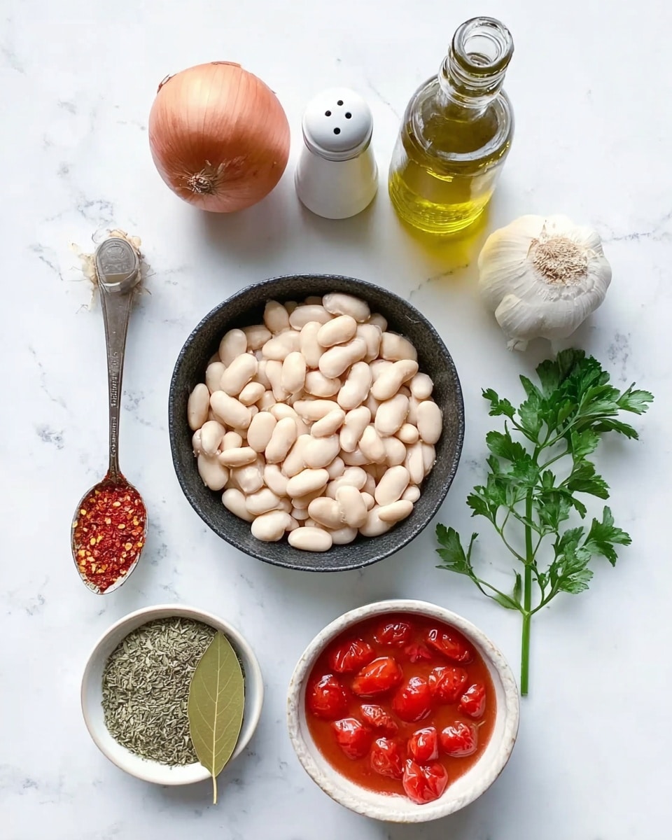 A flat lay of cooking ingredients on a white marbled surface shows a black bowl filled with large white beans at the center. Above it, there is a whole onion on the left and a bulb of garlic on the right. To the right of the garlic, a clear bottle of olive oil is placed. Below the olive oil, there are white salt and pepper shakers. To the left of the beans, a spoon with red chili flakes rests on the surface. Below the spoon, a small white bowl holds a mix of green dried herbs and a bay leaf next to a sprig of fresh parsley. At the bottom right corner, a white bowl contains peeled red cherry tomatoes in their juice. photo taken with an iphone --ar 4:5 --v 7