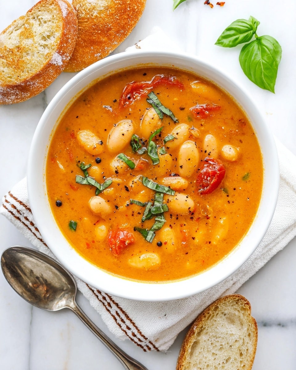 A white bowl filled with a thick orange soup that has large white beans and chunks of red tomatoes. The soup is garnished with green herbs and small black pepper flakes on top. Around the bowl are three pieces of lightly toasted pale bread and some green basil leaves, all set on a white marbled surface. A silver spoon lies on a white cloth with a brown stitched edge next to the bowl. photo taken with an iphone --ar 4:5 --v 7