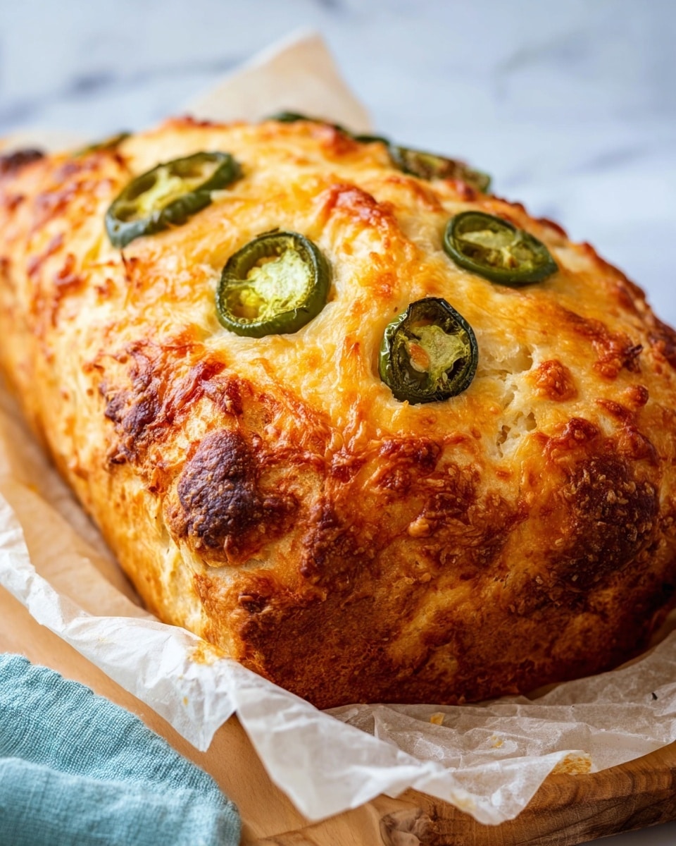 A close-up view of a baked bread loaf resting on wrinkled white parchment paper, placed on a wooden board with a soft light blue cloth nearby. The bread has a golden brown crust with melted cheese on top, showing a crispy, textured surface with slightly darker spots where the cheese browned. There are five round green jalapeño slices on the top layer, slightly shriveled from baking, adding a pop of green contrasting the golden crust. The background is a white marbled texture. photo taken with an iphone --ar 4:5 --v 7