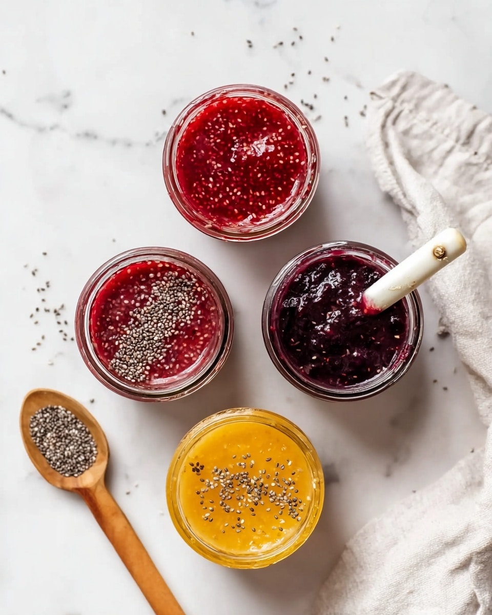 The image shows four glass jars filled with different kinds of chia seed jams placed on a white marbled surface. The top-left jar contains a bright red jam with whole chia seeds visible on top, while the bottom-left jar holds a lighter red jam also sprinkled with chia seeds. The top-right jar is filled with a dark purple jam and has a small wooden spoon with a white handle resting inside, coated with the jam. The bottom jar shows a yellow-orange jam with chia seeds spread on the surface. Scattered chia seeds are sprinkled around the jars, and a wooden spoon with a white handle lies to the left. A white cloth is loosely placed on the right side of the image. photo taken with an iphone --ar 4:5 --v 7