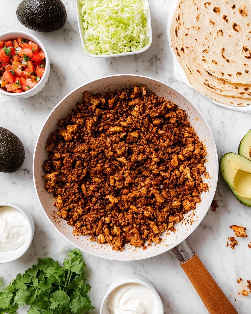 A white pan with a wooden handle filled with browned, crumbled cooked ground meat, rich brown and golden in color with a slightly crispy texture, sits in the center on a white marbled surface. Around it are small white bowls with different ingredients: shredded light green lettuce on top, chopped tomatoes and onions mixed with bits of green herbs on the left and right sides, thick white sour cream near the bottom, and two whole dark green avocados in a white square dish at the top left. To the right, a white plate holds a stack of light tan flour tortillas with brown spots. A white spatula with a wooden handle is placed near the right edge, and some fresh green cilantro leaves are visible on the left. Photo taken with an iphone --ar 4:5 --v 7