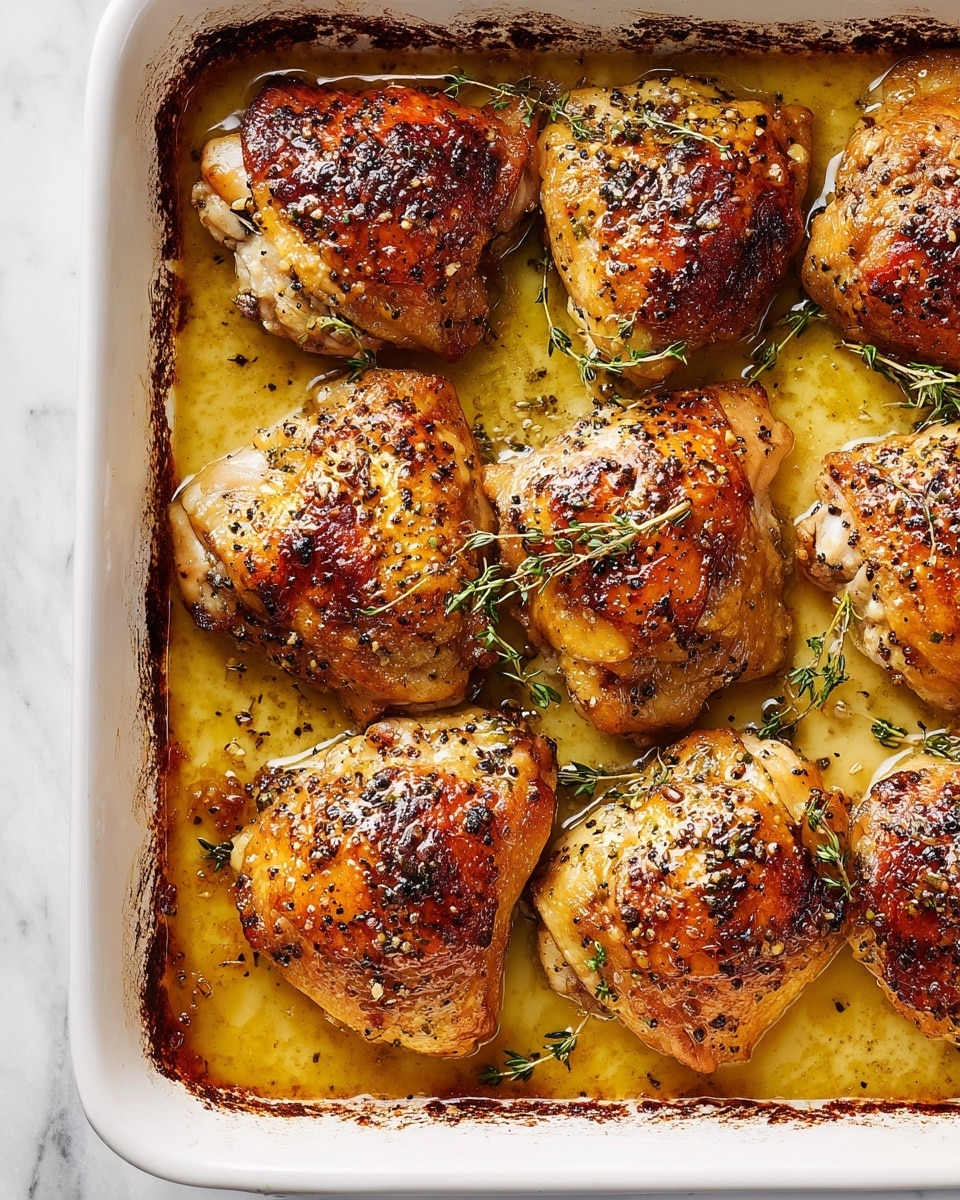 A white baking dish holds eight pieces of cooked chicken thighs arranged in two columns and four rows, each piece with crispy, golden-brown skin speckled with black pepper and small bits of herbs. The chicken thighs sit in a shallow pool of light yellowish-brown sauce that glistens around the edges. Fresh sprigs of green thyme are scattered on top of the chicken, adding a touch of color. The edges of the baking dish show browned, slightly caramelized bits of sauce. The background is a white marbled texture. photo taken with an iphone --ar 4:5 --v 7