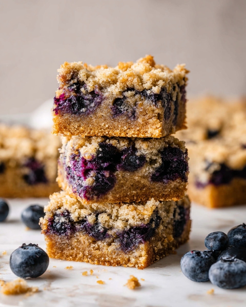 Three thick square blueberry bars are stacked on top of each other on a white marbled surface. Each bar has a light golden-brown crumbly texture with visible whole and smashed dark purple blueberries spread evenly throughout. The top bar shows a rough, crumbly edge with some small crumbs. Fresh whole blueberries are scattered around the stack on the surface. In the background, more similar bars and blueberries are softly blurred. Photo taken with an iphone --ar 4:5 --v 7