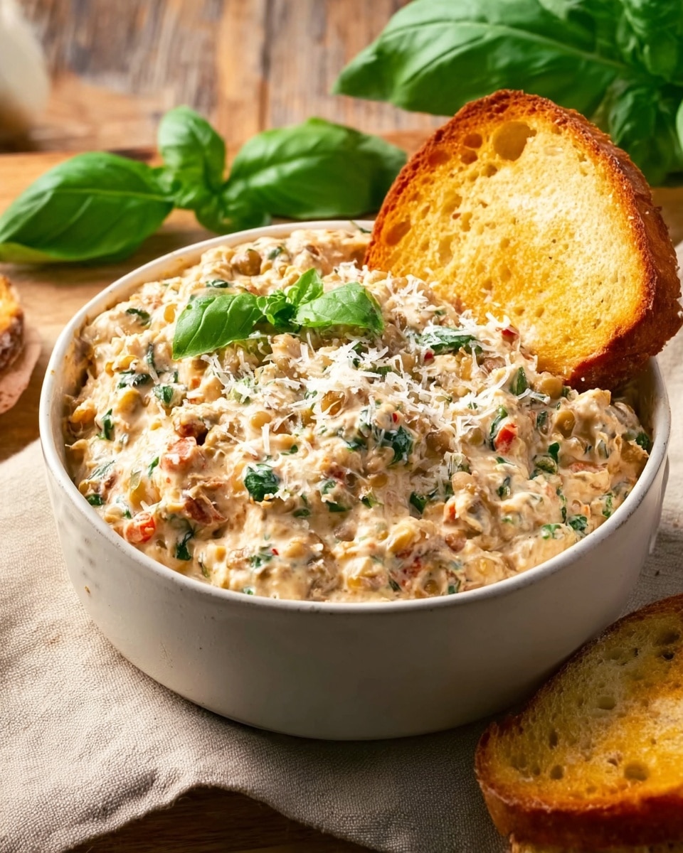The image shows a white bowl filled with a creamy, chunky dip that has visible pieces of green herbs, red bits, and small beige lentils or beans, giving it a textured look. The dip is topped with grated white cheese and scattered basil leaves, adding a fresh touch on top. Inside the bowl, a slice of golden toasted bread rests partially dipped in the mixture. The bowl sits on a wooden surface with a beige cloth nearby and fresh green basil leaves in the background. Photo taken with an iphone --ar 4:5 --v 7