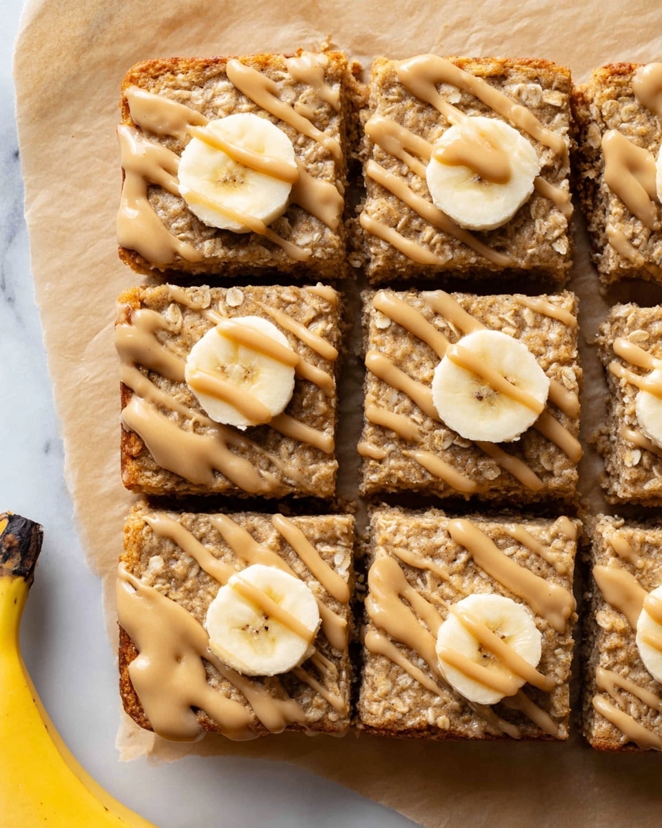 The image shows a square oat-based cake cut into nine equal pieces on a light brown baking paper. Each piece has a smooth light brown drizzle on top and is garnished with one or two slices of fresh banana, positioned mainly near the edges or center. The cake layer looks moist and textured with visible oats. Below the baking paper, there is a white marbled surface, and at the lower left corner, a whole banana is partially visible. photo taken with an iphone --ar 4:5 --v 7