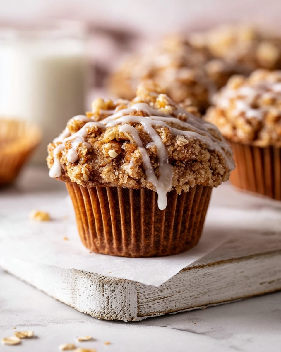 A close-up of a single muffin placed on white parchment paper on a white marbled wooden board. The muffin has a brown paper liner with a golden brown base layer. The top layer is thick with a crumbly texture, covered with golden oat pieces and small chunks, giving it a rough look. Thin white icing is drizzled unevenly over the top, some dripping slightly onto the board. In the blurred background, there are more similar muffins and a glass of milk, all set against a soft white marbled surface. photo taken with an iphone --ar 4:5 --v 7