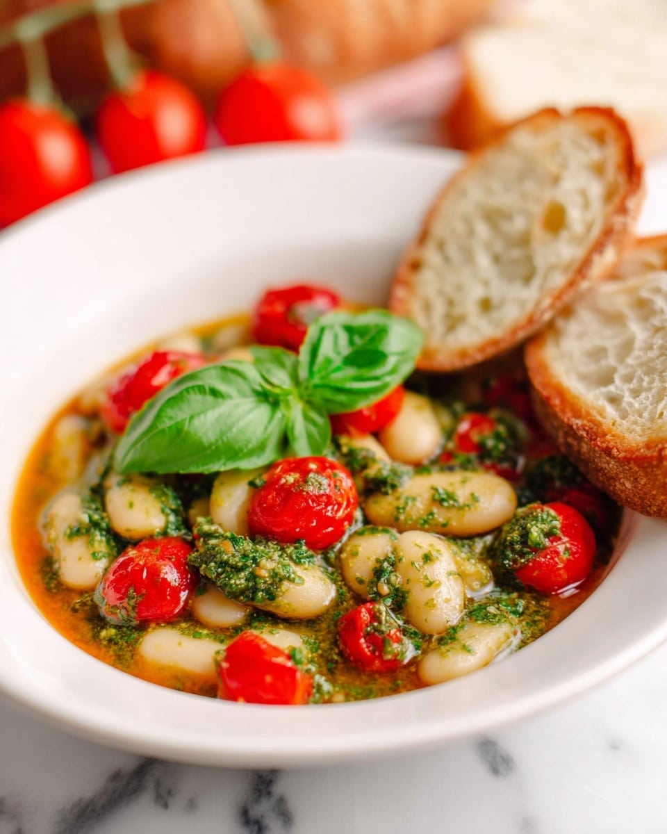A white bowl holds a dish with three main layers: at the bottom is a thin, light orange broth, on top are large, white beans mixed with bright red cherry tomatoes, all covered in a green herb sauce that looks like pesto. In the center, a fresh green basil leaf rests on the beans. Two pieces of light brown bread with a soft, airy texture lean against the right side of the bowl. The bowl is set on a white marbled surface with blurred red tomatoes and a bread loaf in the background. Photo taken with an iphone --ar 4:5 --v 7