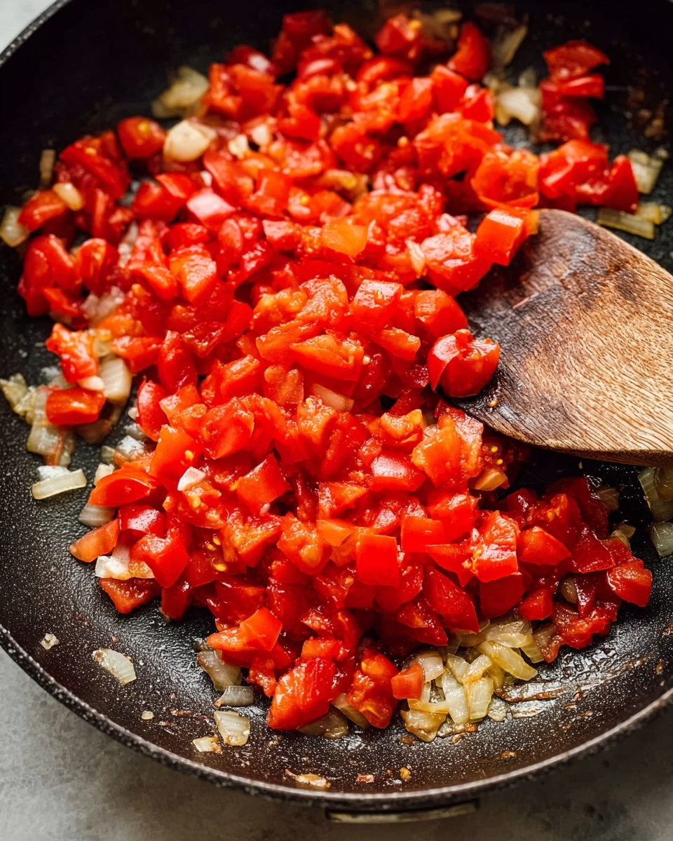 A close-up view of a black frying pan filled with a mix of chopped tomatoes and small pieces of cooked onions. The tomatoes are bright red and soft in texture, scattered evenly across the pan. The onions are light golden and slightly translucent, mixed well with the tomatoes. A wooden spoon rests on the right side of the pan, showing signs of use with stains and a worn surface. The background is a white marbled texture. Photo taken with an iphone --ar 4:5 --v 7
