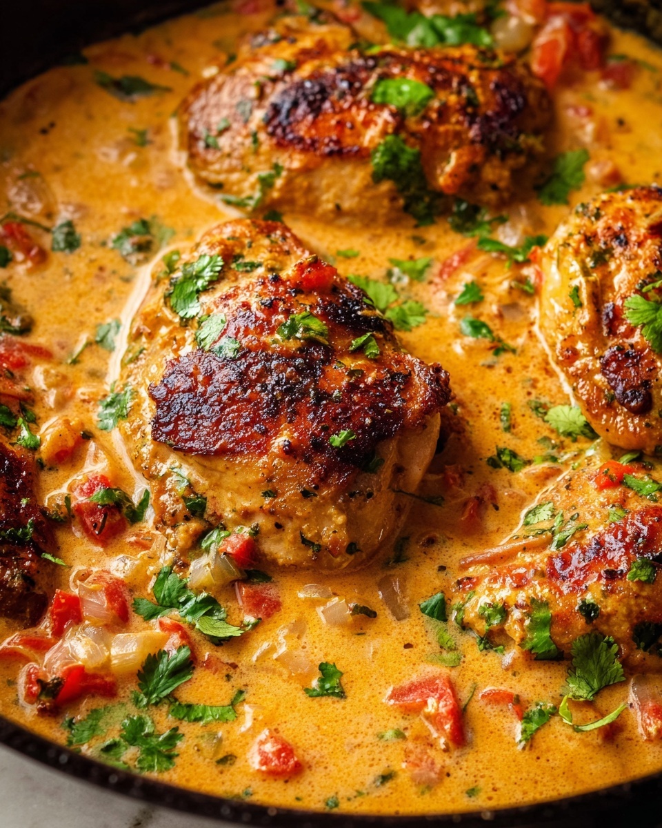 The image shows a close-up of four golden brown, cooked chicken pieces in a black skillet, covered in a creamy orange sauce with visible small chunks of red tomatoes and diced white onions. Bright green fresh cilantro leaves are scattered over the sauce and chicken, adding pops of color. The chicken has a slightly charred, textured surface, contrasting with the smooth, thick sauce surrounding it. There is a white marbled surface visible around the edges of the skillet. The lighting highlights the creamy sauce and moist texture of the chicken. Photo taken with an iphone --ar 4:5 --v 7