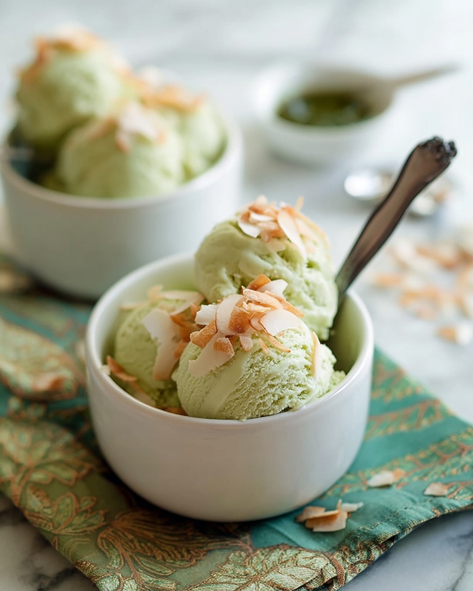 The image shows three light green ice cream scoops in a white small cup, topped with light brown toasted coconut flakes. A silver spoon is placed inside the cup, leaning on the side. Another cup with similar ice cream and coconut flakes sits blurred in the background on a white marbled surface. There is a small dish with green sauce and a spoon slightly out of focus behind. The cup is placed on a patterned green and beige cloth with some scattered toasted coconut flakes around. Photo taken with an iphone --ar 4:5 --v 7