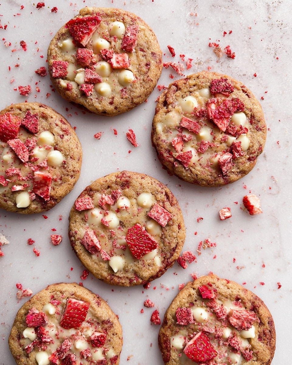 There are six round cookies with a brown base color that looks soft and slightly bumpy. Each cookie is topped with creamy white chocolate chips spread evenly across the surface. On top of the chips, there are bright red chunks and small pieces of dried strawberries scattered, adding a rough texture and vibrant color contrast. The cookies rest on a white marbled surface with small crumbs and strawberry bits surrounding them. photo taken with an iphone --ar 4:5 --v 7