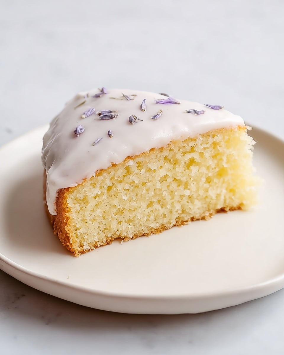 A single slice of cake sits on a white plate with a white marbled background. The cake has one thick layer, light yellow with a soft, moist texture. The top is covered with a smooth layer of white icing that drapes evenly over the edges. Small light purple flower petals are sprinkled sparsely on top of the icing. The scene is simple and clean, focusing on the cake's soft crumb and bright topping. photo taken with an iphone --ar 4:5 --v 7