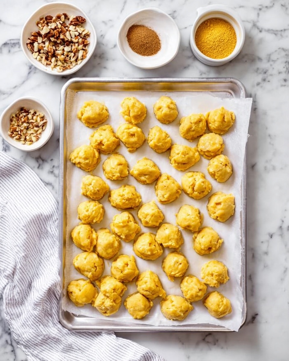 The image shows a baking tray covered with white parchment paper holding 31 small, golden-yellow biscuit dough pieces spread evenly across the tray. The dough pieces are uneven in shape, with a soft, slightly shiny surface. Around the baking tray are small white bowls containing crushed nuts, a brown powdery spice, and a golden yellow mixture, all placed on a white marbled surface. A white striped cloth is partially visible in the bottom left corner. Photo taken with an iphone --ar 4:5 --v 7