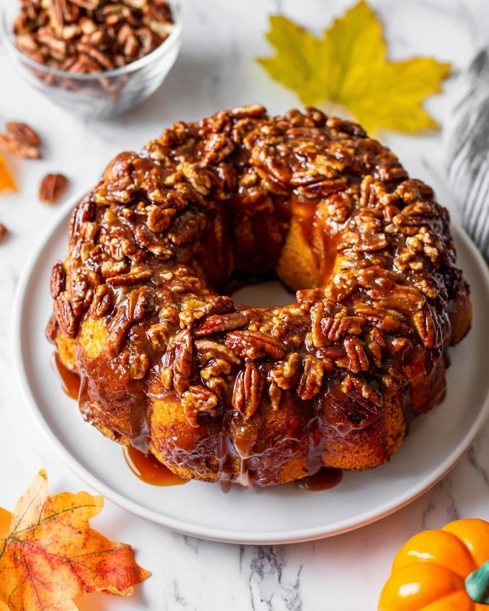 A round bundt-shaped pastry made of many small dough pieces stuck together, covered with a thick shiny brown caramel glaze and topped with lots of whole pecan nuts that give it a rough texture. The pastry sits in the middle of a clean white plate on a white marbled surface. In the background, there is a small glass bowl filled with extra pecans and two bright autumn leaves, one yellow and one orange. A small orange pumpkin decoration is at the bottom right corner of the image. Photo taken with an iphone --ar 4:5 --v 7