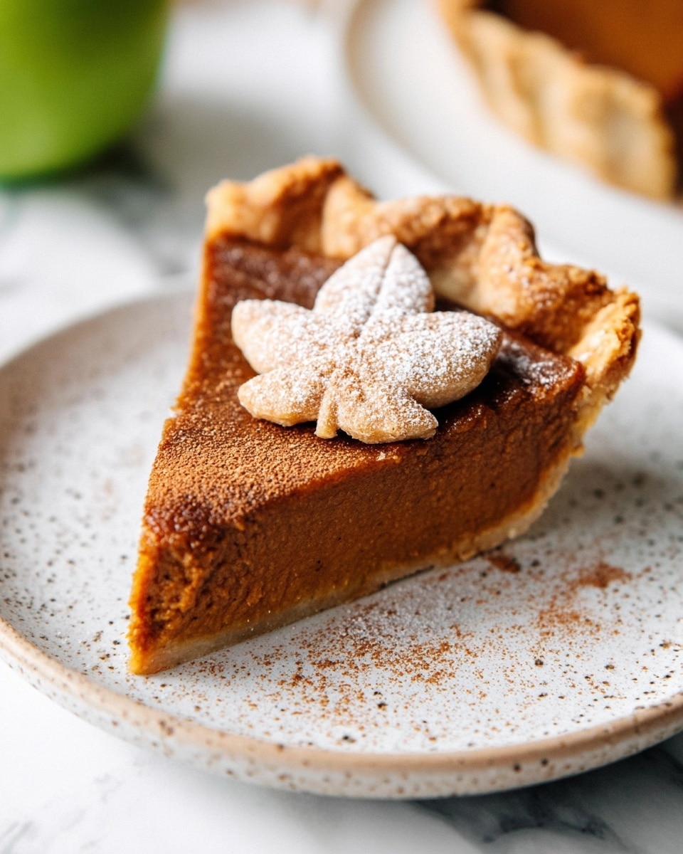 A single slice of brown pumpkin pie with a smooth texture and firm filling sits on a white speckled plate. The pie has a golden-brown crust that is thicker and crimped around the edge. On top of the pie slice, there is a small leaf-shaped piece of crust dusted with a light layer of powdered sugar and cinnamon. The plate rests on a white marbled surface with a blurred green apple in the background. The overall setting has a warm and cozy feel. photo taken with an iphone --ar 4:5 --v 7