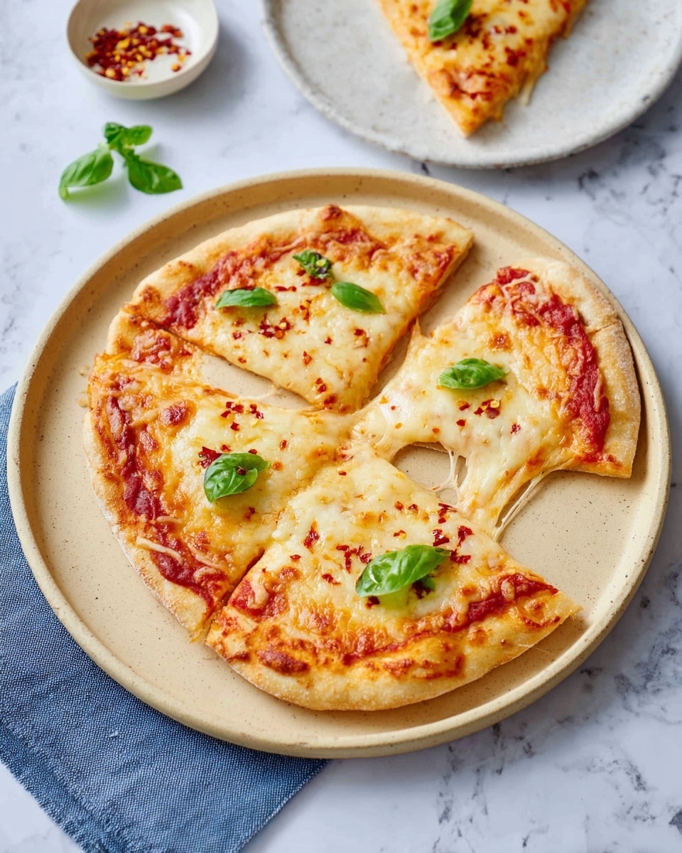 A thin pizza with a golden brown crust sits on a beige plate, cut into four slices with one slice slightly pulled away showing melted cheese stretching. The pizza is topped with a layer of red tomato sauce under a thick layer of melted cheese that is light yellow with some golden spots from baking. Small red flakes are sprinkled across the cheese, and fresh green basil leaves are placed on three of the slices. In the background, a white plate with another slice of pizza and a small white dish with red flakes sits on a white marbled surface, with a blue cloth under the beige plate. photo taken with an iphone --ar 4:5 --v 7