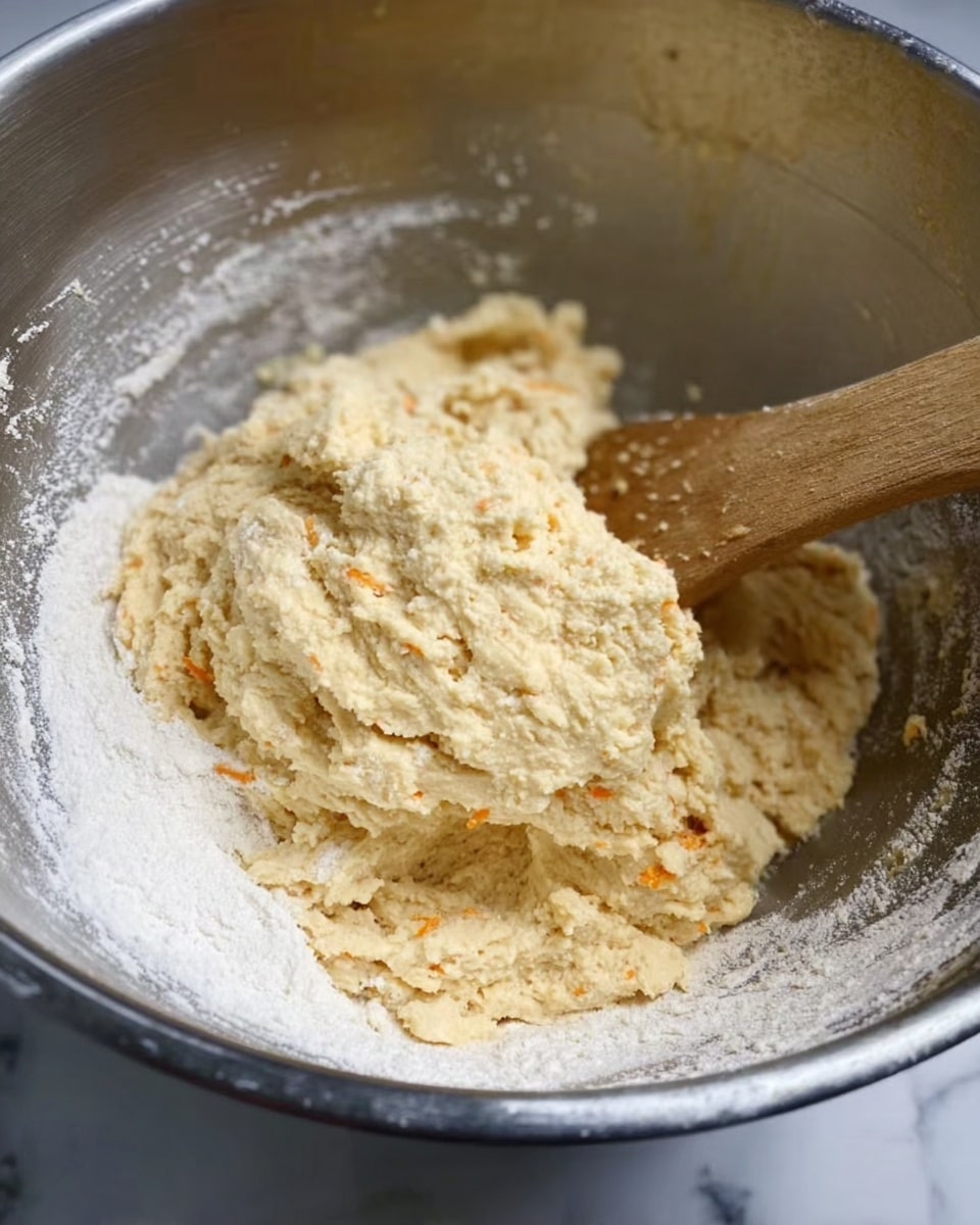 A close-up view of a silver metal mixing bowl containing a rough, pale yellow dough with small orange flecks, stirred by a light wooden spatula resting on the edge of the bowl. The inside of the bowl is dusted with white flour, and the texture of the dough looks thick and sticky. The background is a white marbled surface. Photo taken with an iphone --ar 4:5 --v 7
