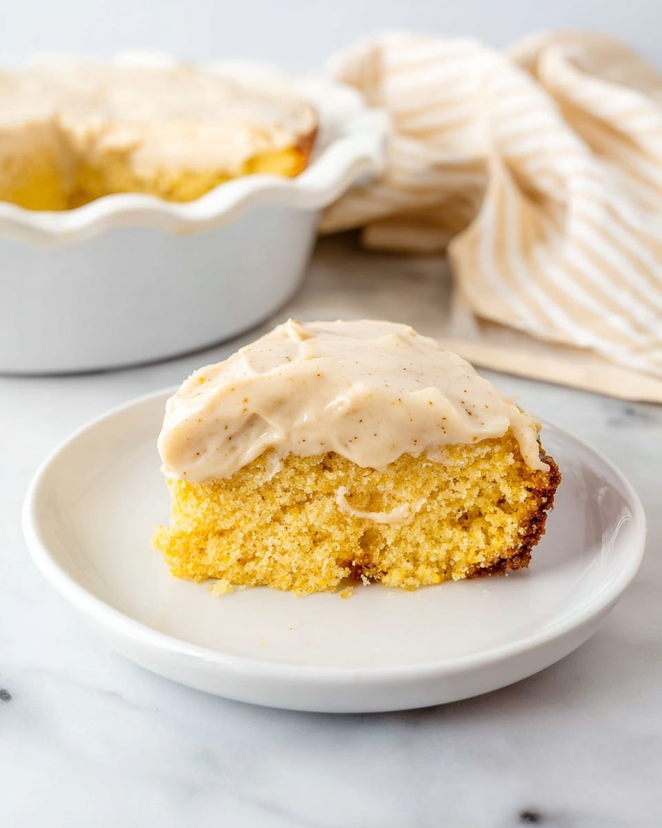 A single slice of a yellow corn cake sits on a white plate, showing a fluffy and slightly crumbly texture with some darker, caramelized spots near the bottom edge. The cake is topped with a thick layer of smooth, light beige frosting that has visible tiny specks, giving it a creamy and slightly textured look. In the background, a white pie dish holds the remaining cake, partly visible with the same frosting spread on top, and a soft beige cloth with stripes gently folds on a white marbled surface. Photo taken with an iphone --ar 4:5 --v 7