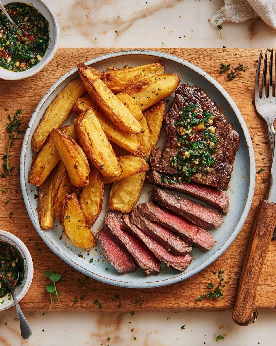 A white round plate holds two main layers: on the left, a pile of golden-brown potato wedges with a slightly crispy texture and light seasoning, arranged in a scattered yet neat pile; on the right, a piece of grilled steak with a rich brown color, topped with a green herb sauce containing small bits of garlic and spices, and below it, neatly sliced steak pieces showing a pinkish-red inside, placed side by side. The plate sits on a wooden cutting board with some scattered herbs around, all set on a white marbled surface. Nearby, there is a small white bowl with more herb sauce, a wooden-handled knife, and fork to the right. Photo taken with an iphone --ar 4:5 --v 7