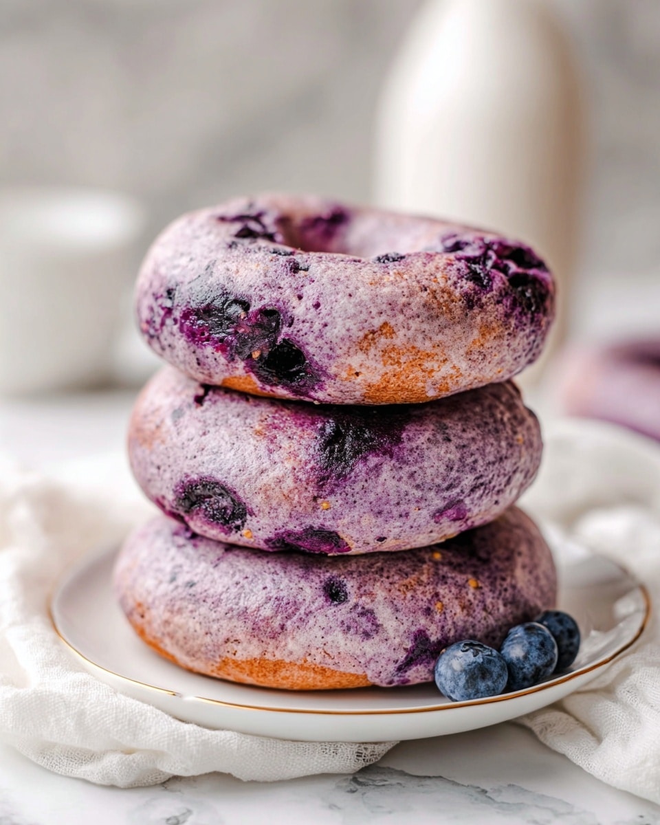 Three blueberry bagels are stacked on top of each other on a white plate with a gold rim, placed on a white marbled surface with a white cloth underneath. The bagels have a soft, uneven texture with a purple tint and darker spots from the baked blueberries inside. The top bagel shows some visible blueberry pieces, giving it a slightly rugged surface. A few loose blueberries rest near the plate. In the background, there is a blurred white bottle, adding softness to the scene. Photo taken with an iphone --ar 4:5 --v 7