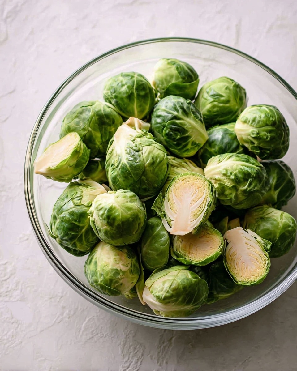 A clear glass bowl holds many Brussels sprouts on a white marbled surface. The Brussels sprouts vary in size and are mostly whole with some cut in halves showing their pale green inner leaves and denser white core. The outer leaves are a deeper green, with a fresh, slightly glossy texture. The bowl is filled about halfway and placed slightly off-center in the image, showing the light and shadow that give the sprouts a natural look. Photo taken with an iphone --ar 4:5 --v 7
