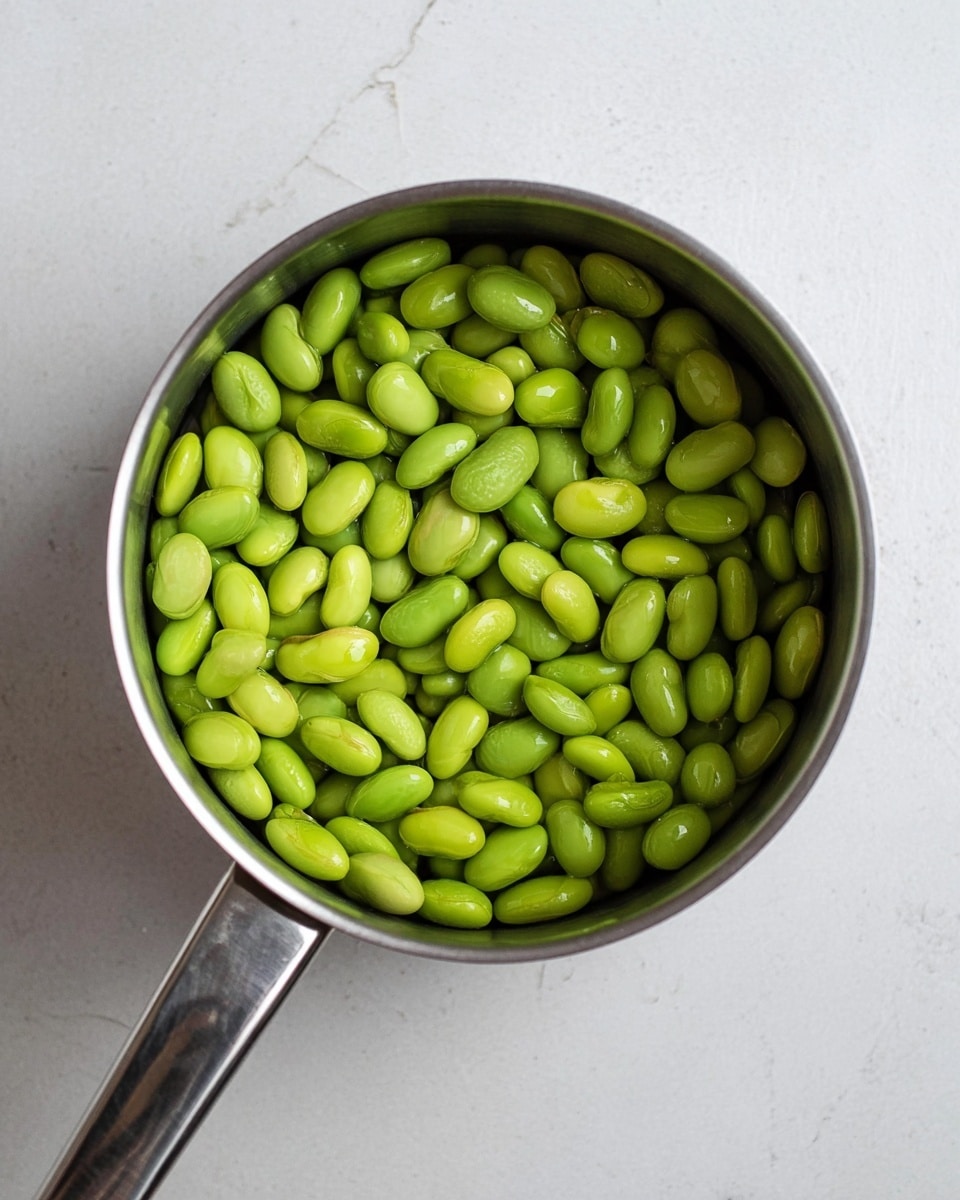 The image shows a small metal pot filled with bright green edamame beans that are smooth and shiny, evenly covering the inside of the pot. The pot sits on a white marbled surface, the handle extending out of the frame on the left side. The vibrant green beans contrast with the silver metal of the pot and the light-colored background. Photo taken with an iphone --ar 4:5 --v 7