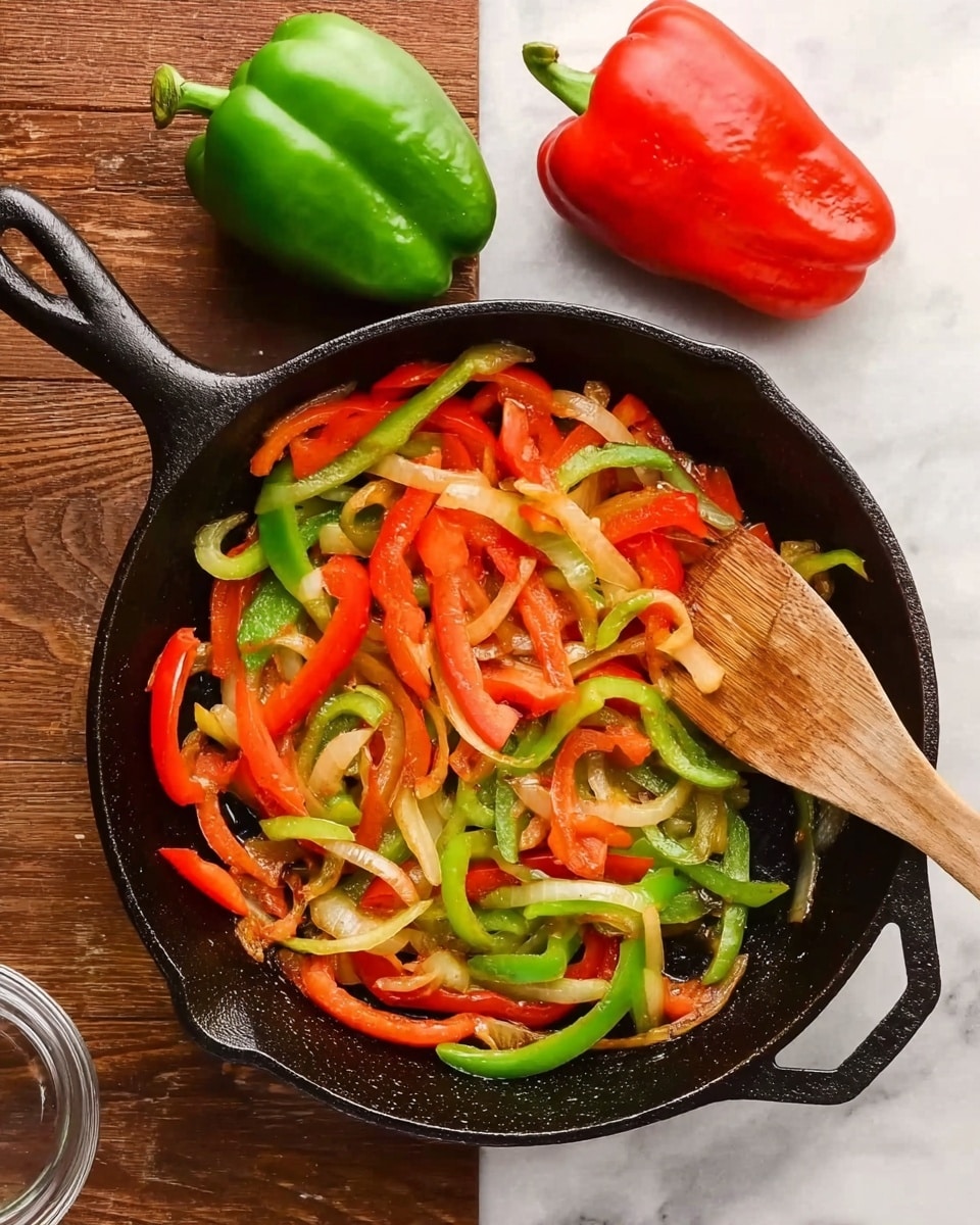 A black cast iron pan sits on a white marbled surface with sautéed slices of bright red tomatoes, green bell peppers, and light golden onions inside. The vegetable slices are mixed evenly, showing their cooked, soft yet slightly crisp texture. A wooden spatula rests inside the pan, angled on the right side, lightly touching the vegetables. Next to the pan, there are two whole bell peppers, one red and one green, placed against the white marbled background, adding a fresh look to the scene. A small clear glass bowl is also visible at the bottom left corner. photo taken with an iphone --ar 4:5 --v 7