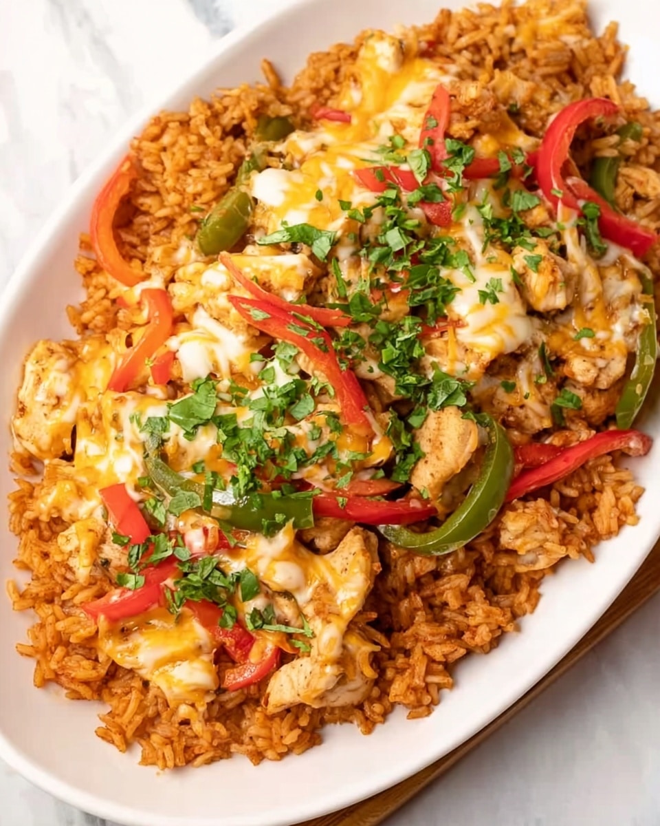 The dish is served in a white oval plate placed on a white marbled surface. The bottom layer consists of reddish-brown rice that looks moist and fluffy, covering the entire plate. On top of the rice, there is a layer of cooked chicken pieces mixed with thin slices of red and green bell peppers, giving a colorful burst with their vibrant red and green hues. Scattered over the chicken and peppers is melted cheese, with a light yellow color and a slightly stretchy texture. Freshly chopped green herbs are sprinkled over the whole dish, adding a touch of brightness and freshness. photo taken with an iphone --ar 4:5 --v 7