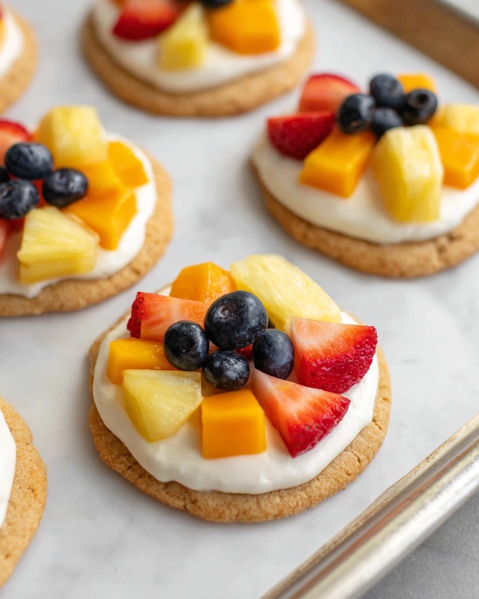 Round cookies with a light brown base layer, topped with a smooth white cream layer. On top of the cream, there are four groups of fruit arranged in a quarter pattern: bright orange mango cubes, deep blue blueberries, red strawberry slices, and yellow pineapple chunks. The cookies are placed on a large white marbled tray with a metal edge, and the scene is lit softly showing a close-up view of the cookies. photo taken with an iphone --ar 4:5 --v 7