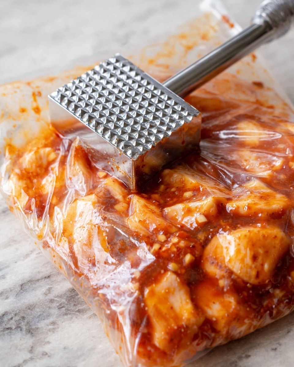 The image shows a clear plastic bag with pieces of raw chicken inside, coated in a reddish-orange sauce with visible small white bits, likely minced garlic or onion. The bag is placed on a white marbled surface, and a metal meat tenderizer with a textured, pyramid-patterned hammer end is pressing down on top of the bag, flattening the chicken within. The scene has a close-up focus on the bag and meat tenderizer, highlighting the shiny, wet texture of the sauce and the translucent plastic wrapping the chicken photo taken with an iphone --ar 4:5 --v 7