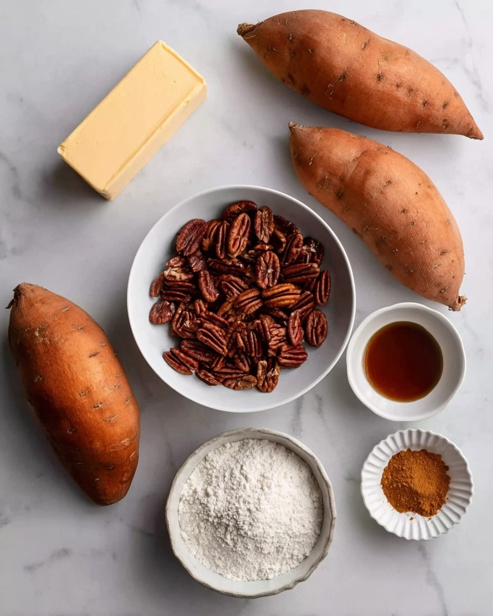 The image shows a flat lay of sweet potato pie ingredients on a white marbled surface. There are four whole sweet potatoes with orange skin placed around the center area. In the middle, there is a white bowl filled with dark brown pecan halves. Below the pecans is a white bowl of white flour, to the right of that is a small fluted white dish with brown cinnamon powder, and to the right of the cinnamon is a small white bowl filled with dark amber syrup or liquid. On the left side of the image, there is a rectangular block of light brown butter. Photo taken with an iphone --ar 4:5 --v 7
