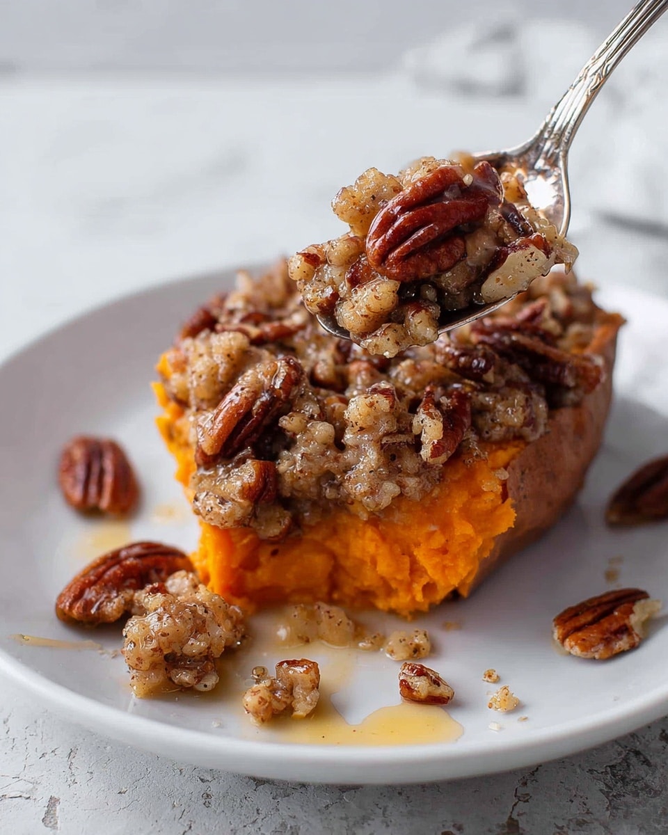 The image shows a single large slice of baked sweet potato on a white plate with a white marbled background. The bottom layer is the orange, soft, and smooth sweet potato flesh, topped with a thick layer of chunky, crunchy pecans coated in a glossy, light brown syrup. There are whole pecans and small crumbs scattered around the plate. A silver spoon is shown scooping the sweet potato and pecan topping, with a drop of syrup near the edge. Photo taken with an iphone --ar 4:5 --v 7