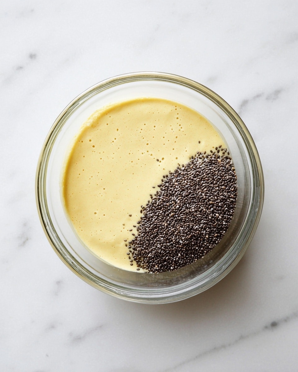 A clear glass bowl sits on a white marbled surface, filled almost halfway with a creamy, light yellow mixture that has a smooth and slightly foamy texture. On the right side of the bowl's surface, there is a neat pile of small, dark chia seeds clustered together, creating a strong contrast with the lighter mixture. The image is taken from above, showing the round shape of the bowl and details inside clearly. photo taken with an iphone --ar 4:5 --v 7