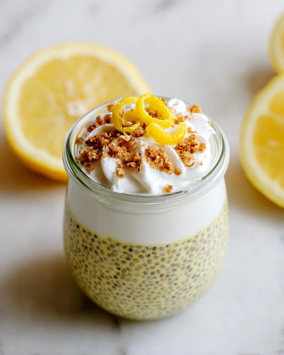 The image shows a small glass jar with three layers: the bottom layer is a pale yellow chia pudding with visible black chia seeds mixed evenly; above it is a smooth white creamy layer; the top layer has a swirl of white cream with a light sprinkle of brown crumbs and two small pieces of curled yellow lemon peel placed in the center. The jar sits on a white marbled surface, accompanied by lemon wedges in the background. Photo taken with an iphone --ar 4:5 --v 7