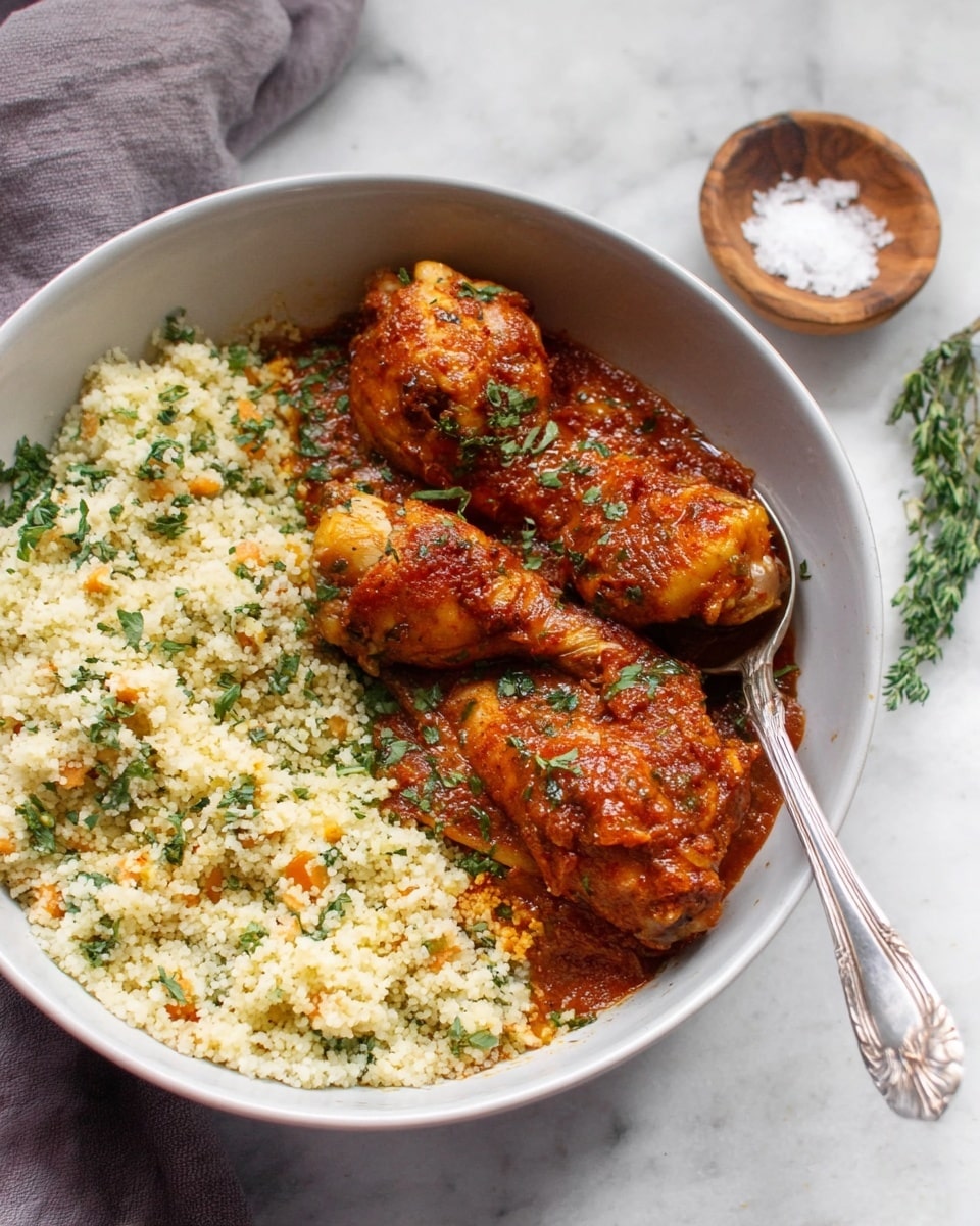 The dish is served in a white bowl set on a white marbled surface. It has two main parts: on one side, there is a fluffy, light-colored grain dish mixed with small orange and green bits, giving it a textured and slightly colorful look; on the other side, there are three pieces of dark golden-brown chicken drumsticks coated in a rich, thick red-brown sauce with visible green herbs sprinkled on top. A silver spoon rests inside the bowl on the grain side. Nearby, a small wooden spoon with coarse salt sits on the white marbled surface, along with a green herb sprig in the background. Photo taken with an iphone --ar 4:5 --v 7