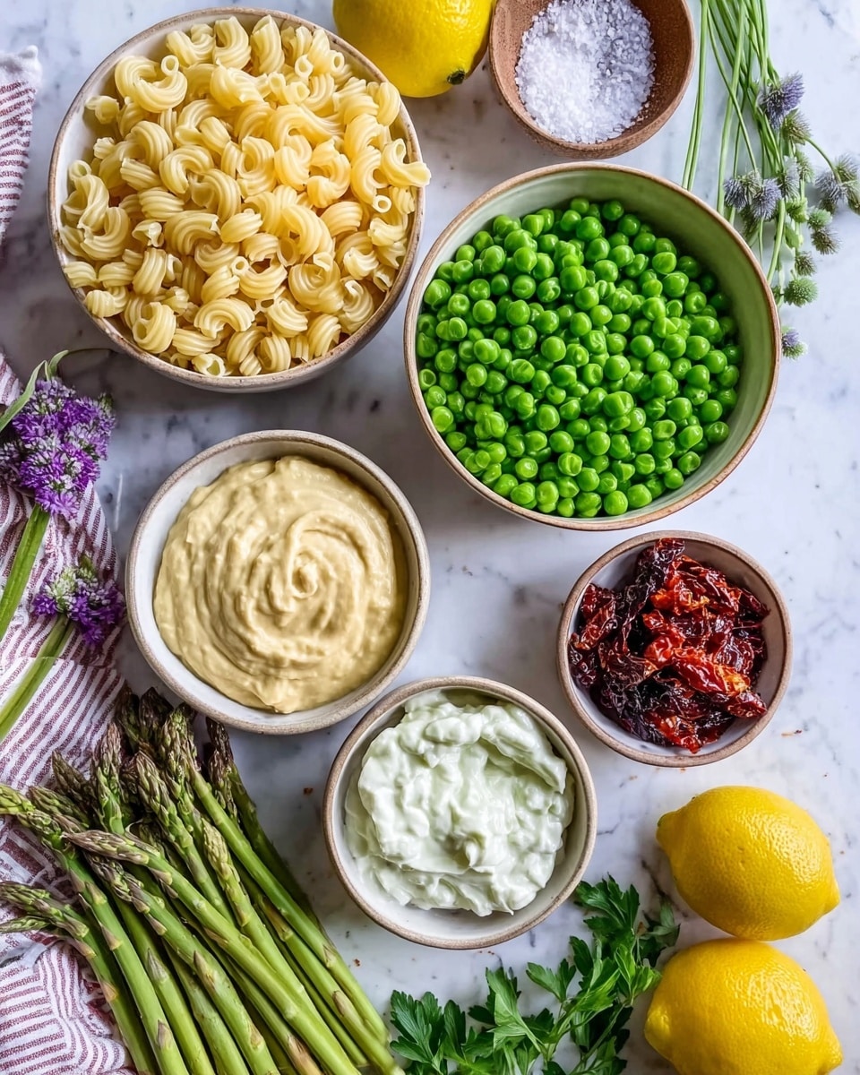 The image shows several bowls arranged on a white marbled surface, each containing different ingredients. There is a bowl with dry elbow macaroni noodles that are pale yellow and smooth, another bowl filled with bright green frozen peas, and a smaller bowl holding creamy white yogurt or sour cream. One bowl contains a thick, light yellow mustard-like sauce, while another has dark red sun-dried tomatoes with a slightly wrinkled texture. A small dish holds white granulated salt. To the side, there are fresh green asparagus spears with purple tips, two whole bright yellow lemons, sprigs of fresh parsley and chives with purple flowers on the ends. A woman's hand with a striped cloth underneath is partially visible near the lower left corner. Photo taken with an iphone --ar 4:5 --v 7