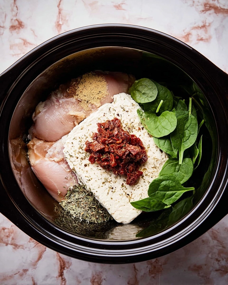 A black slow cooker holds the ingredients layered from the bottom up: at the base are three pieces of raw pale pink chicken, topped with a large block of smooth white cream cheese slightly speckled with black pepper. On top of the cream cheese sits a heap of finely chopped dark reddish-brown sun-dried tomatoes. Surrounding these central ingredients are small mounds of beige powdered spices and green dried herbs. To the right side, fresh bright green spinach leaves add a fresh touch. The pot rests on a white marbled surface. Photo taken with an iphone --ar 4:5 --v 7