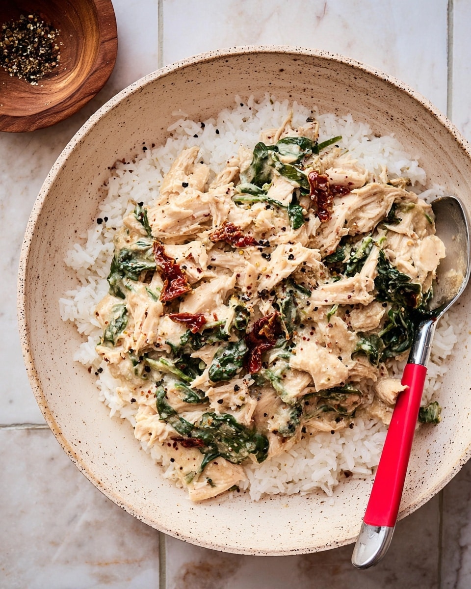 A white speckled shallow bowl holds a serving of white rice that forms the bottom layer, fluffy and slightly separated. On top, there is a creamy mixture of shredded light beige chicken, wilted dark green spinach leaves, and dark red sun-dried tomato strips. The creamy sauce lightly coats the chicken and greens, giving a soft textured appearance with small black specks of seasoning scattered throughout. A spoon with a shiny silver head and a red handle rests inside the bowl on the right side. The bowl sits on a white marbled surface with a small wooden dish holding pepper in the upper left corner. Photo taken with an iphone --ar 4:5 --v 7